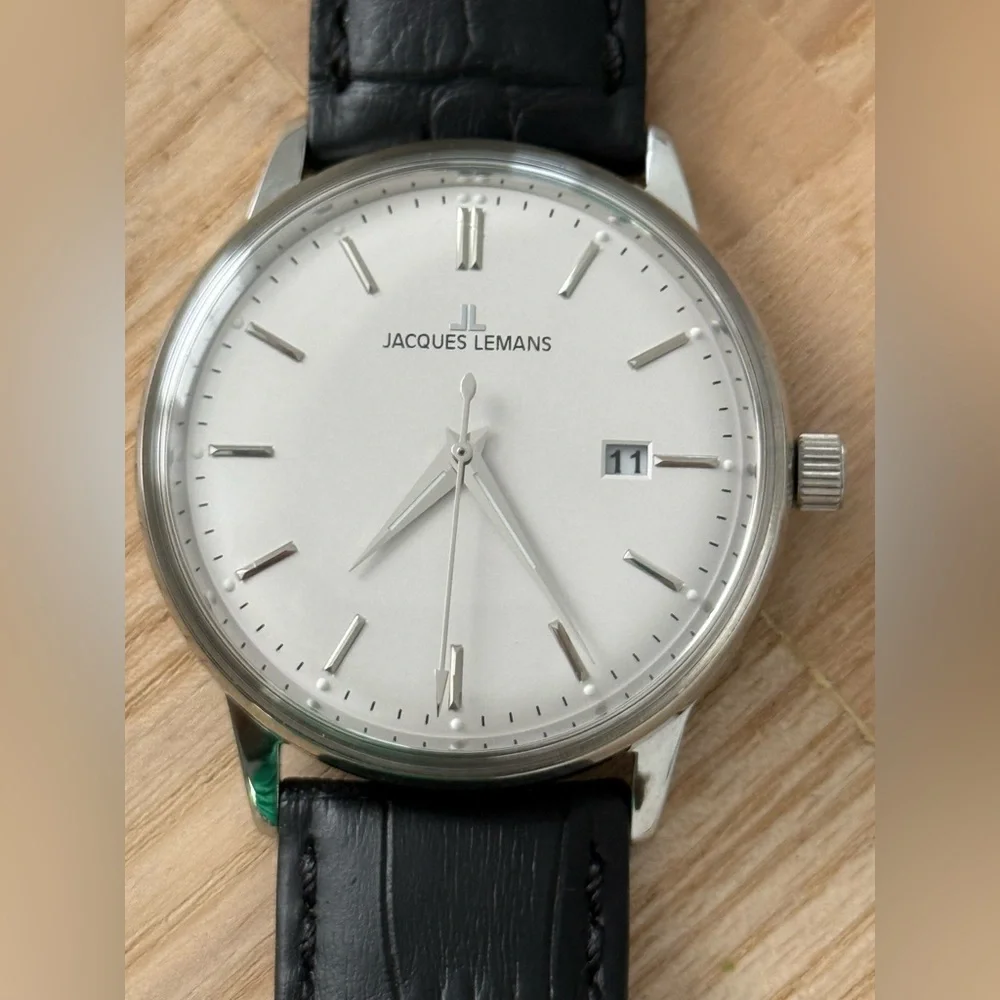 Jacques Lemans New Luxury Men’s Watch Large White Dial Stainless Case Leather